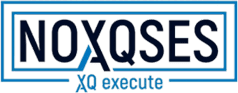 Logo displaying the text "NOXQSES" with "XQ execute" written below. A blue triangle is integrated into the design, replacing the letter 'A.'.