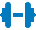 Blue dumbbell icon on black background.