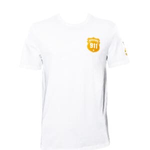 White T-shirt with yellow 911 insignia.