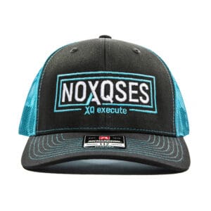 Black and blue cap with embroidered text.