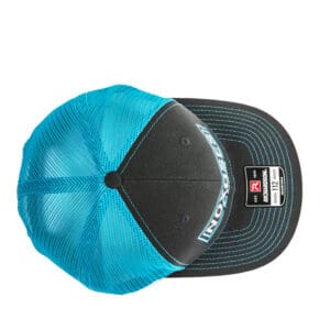 Teal and black baseball cap, top view.