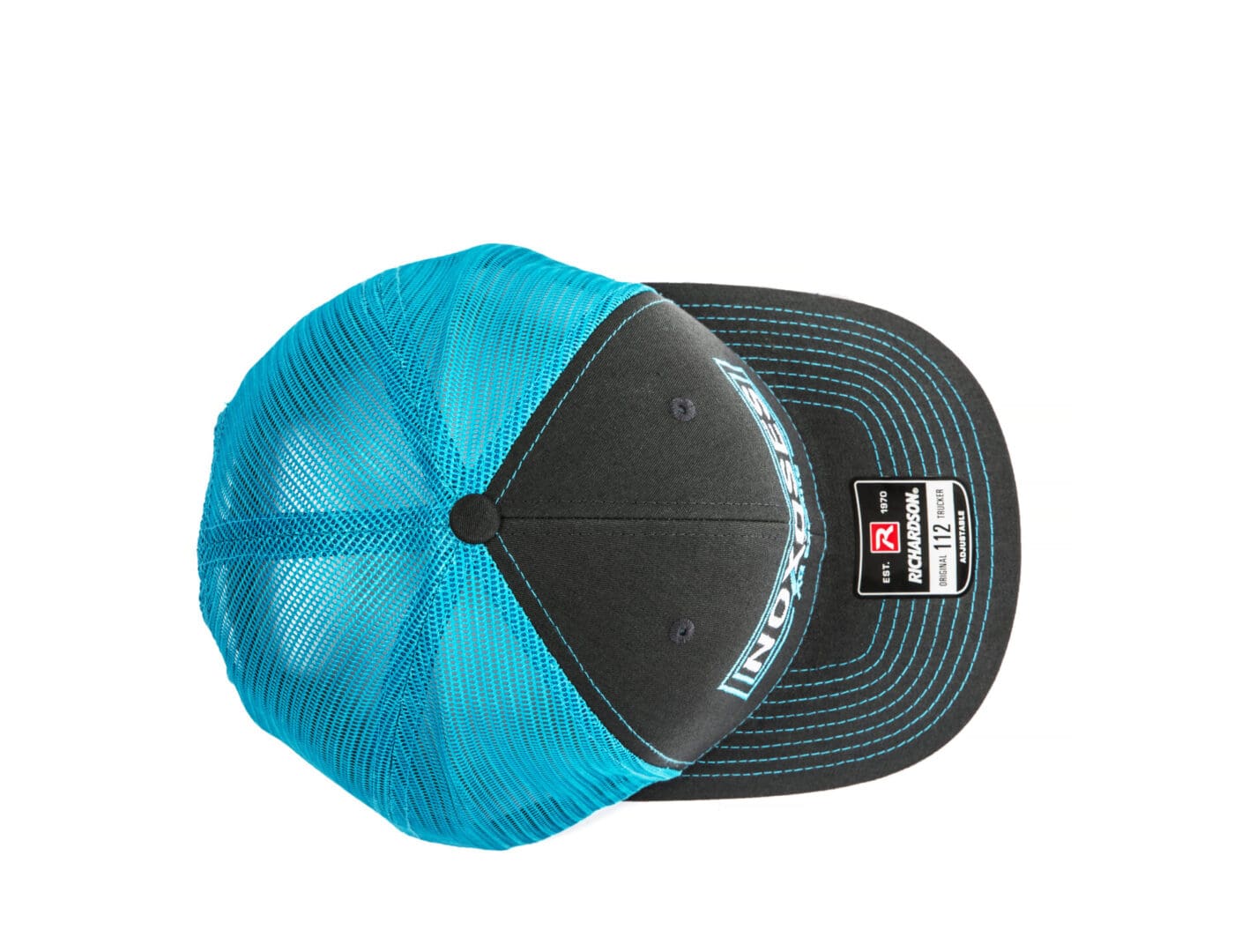 Teal and black baseball cap, top view.