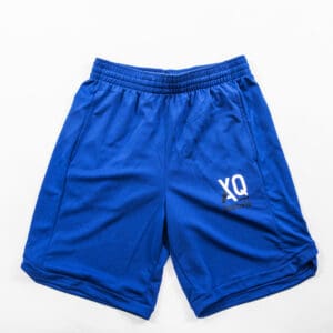 Blue athletic shorts with "XQ" logo.