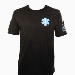 Black T-shirt with blue medical symbol.