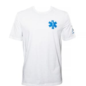 White t-shirt with blue medical symbol.