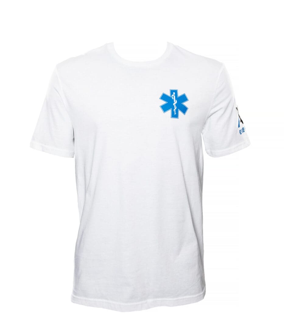 White t-shirt with blue medical symbol.