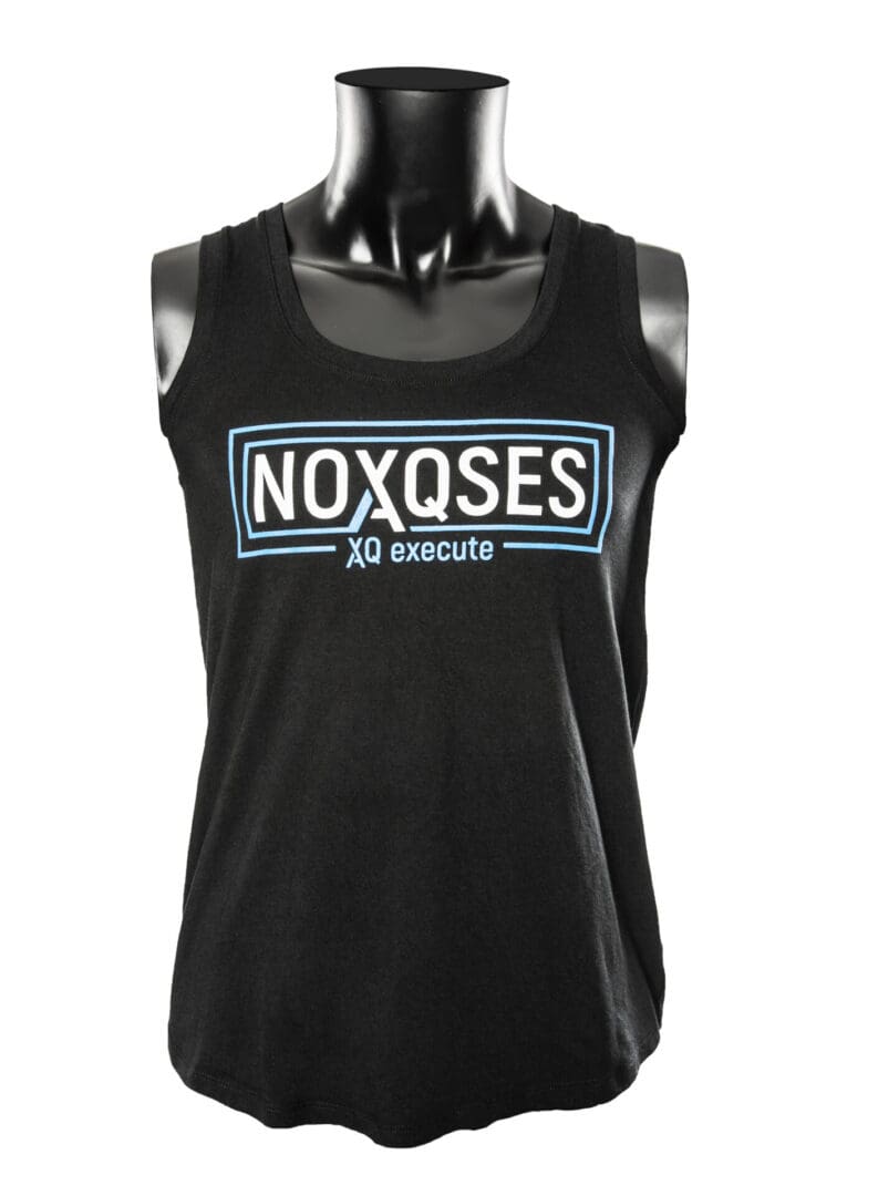 Black tank top with "NOXQSES" text.
