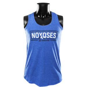 Blue tank top with "NOXQSES" text design.