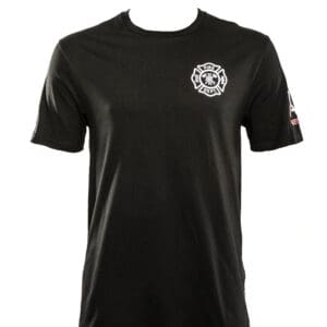 Black t-shirt with firefighter emblem design.