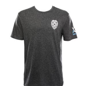 Gray T-shirt with small logo on chest.