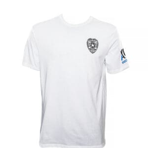 White T-shirt with badge and sleeve logo.