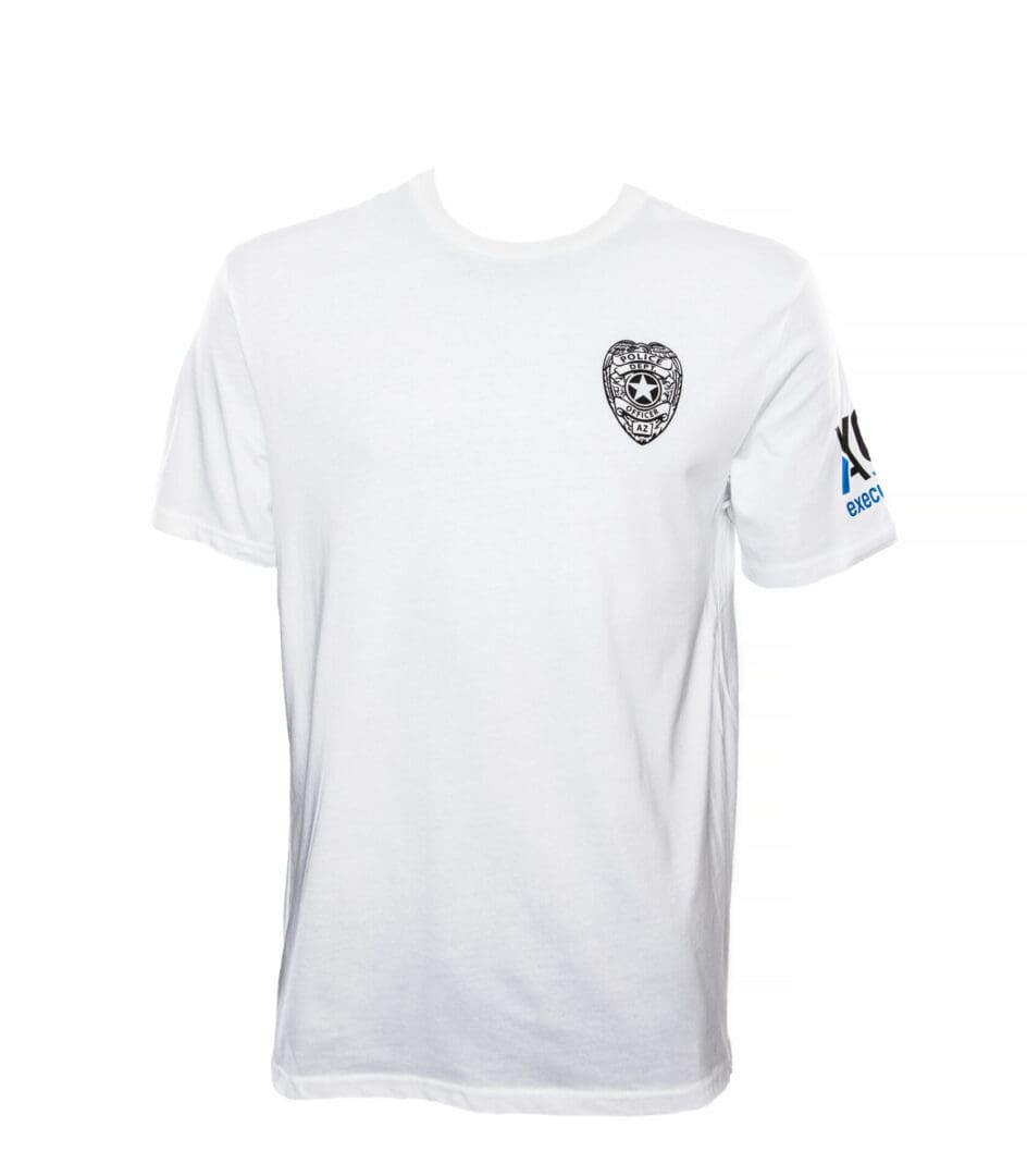 White T-shirt with badge and sleeve logo.