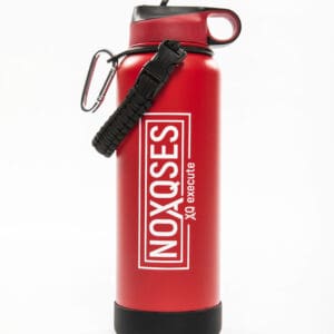 Red water bottle with black handle strap.