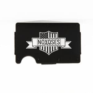Black wallet with NOXQSES logo design.