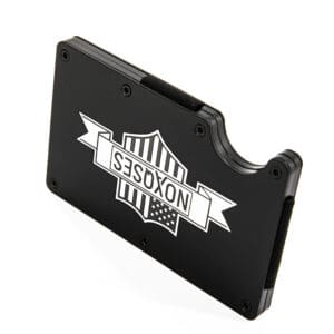 Black wallet with shield logo design.